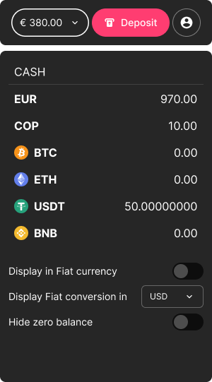 Player wallet: EUR, COP and crypto balances side by side